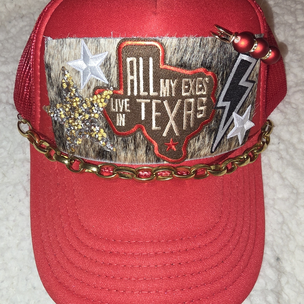 Red Texas Themed Trucker Hat with Embellishments